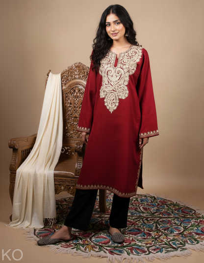 Maroon Base Zari Embroidered Kashmiri Pheran