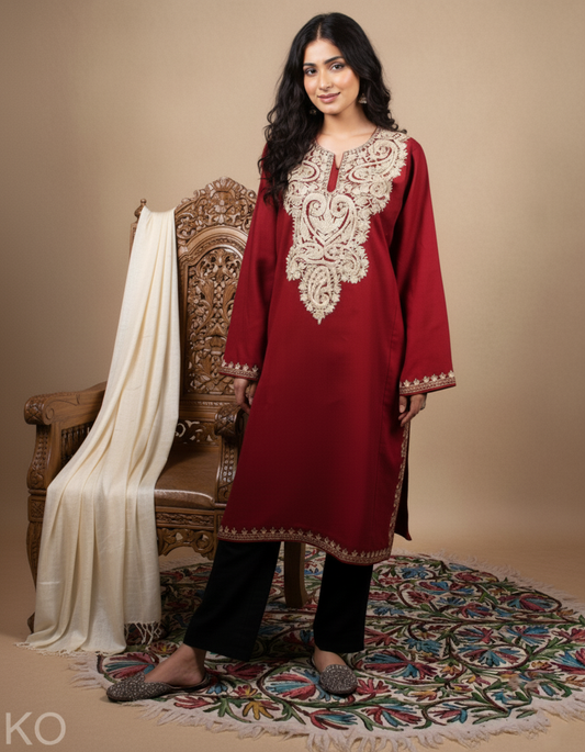 Maroon Base Zari Embroidered Kashmiri Pheran