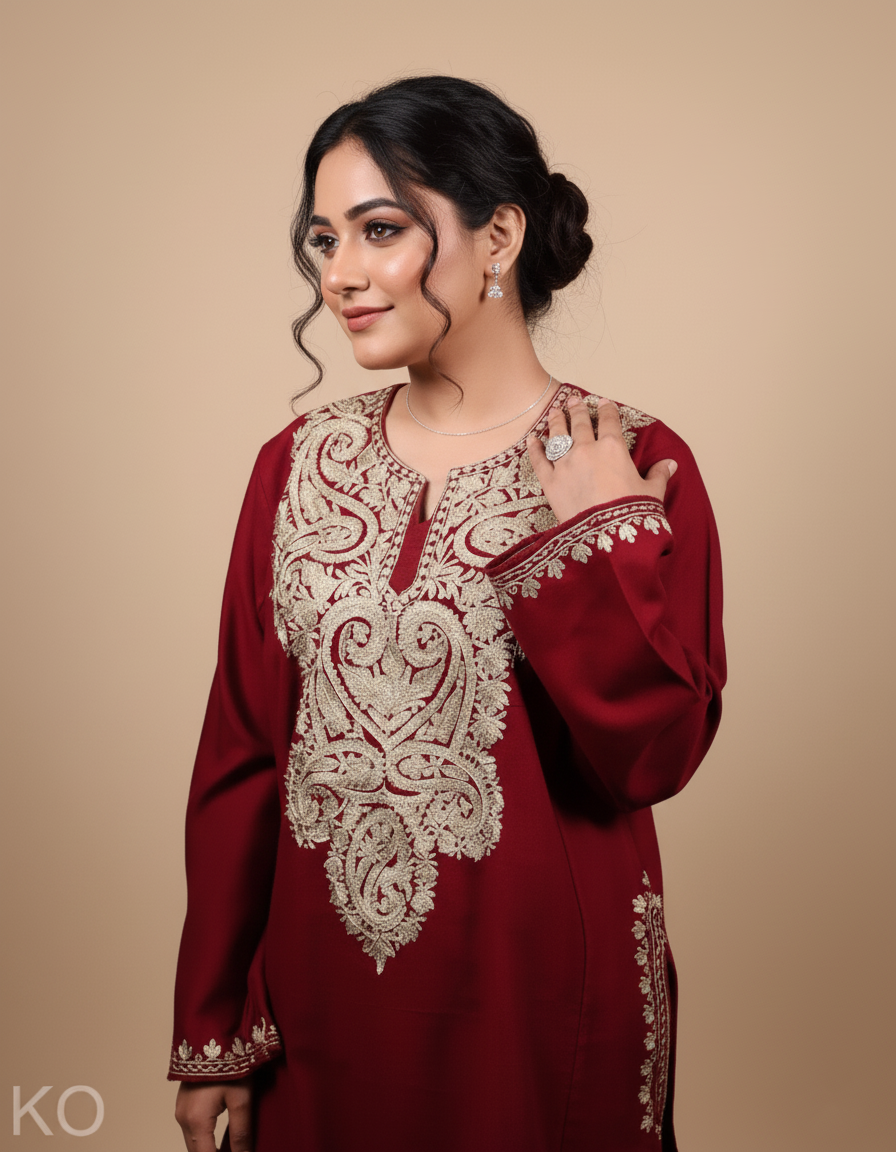 Maroon Base Zari Embroidered Kashmiri Pheran