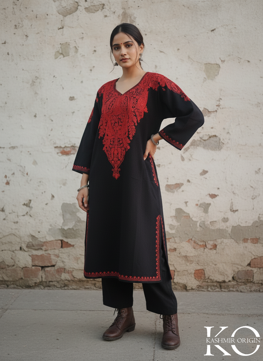 Front Back Black and Red Aari Embroidered Kashmiri Pheran