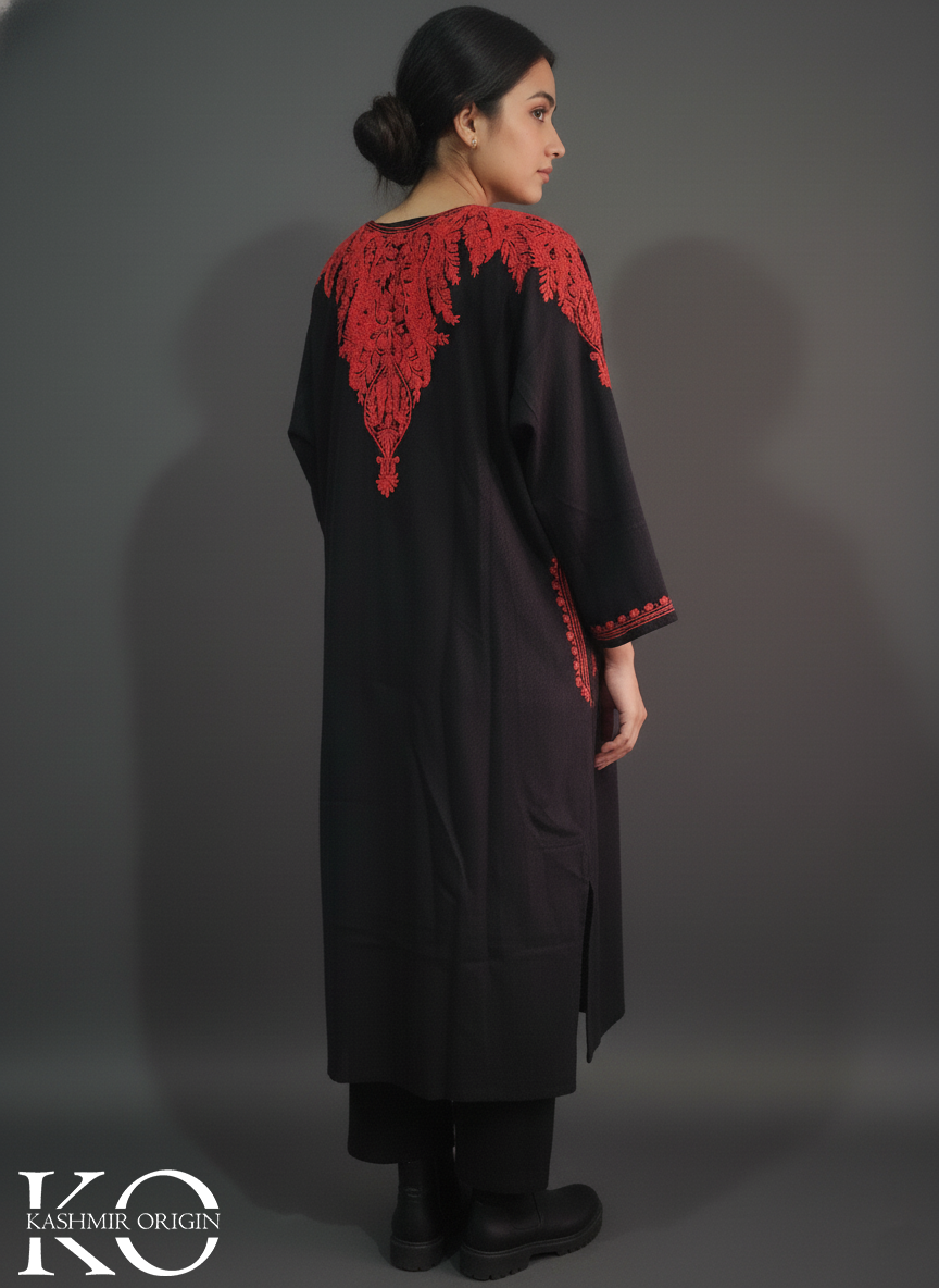 Front Back Black and Red Aari Embroidered Kashmiri Pheran