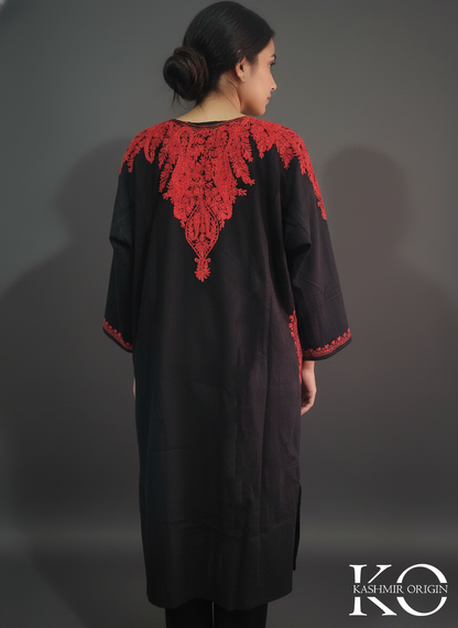 Front Back Black and Red Aari Embroidered Kashmiri Pheran