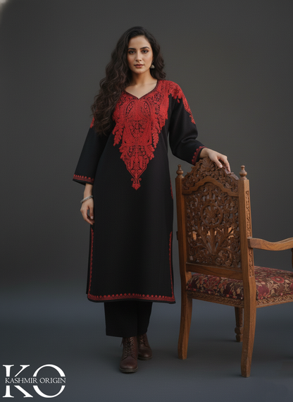 Front Back Black and Red Aari Embroidered Kashmiri Pheran