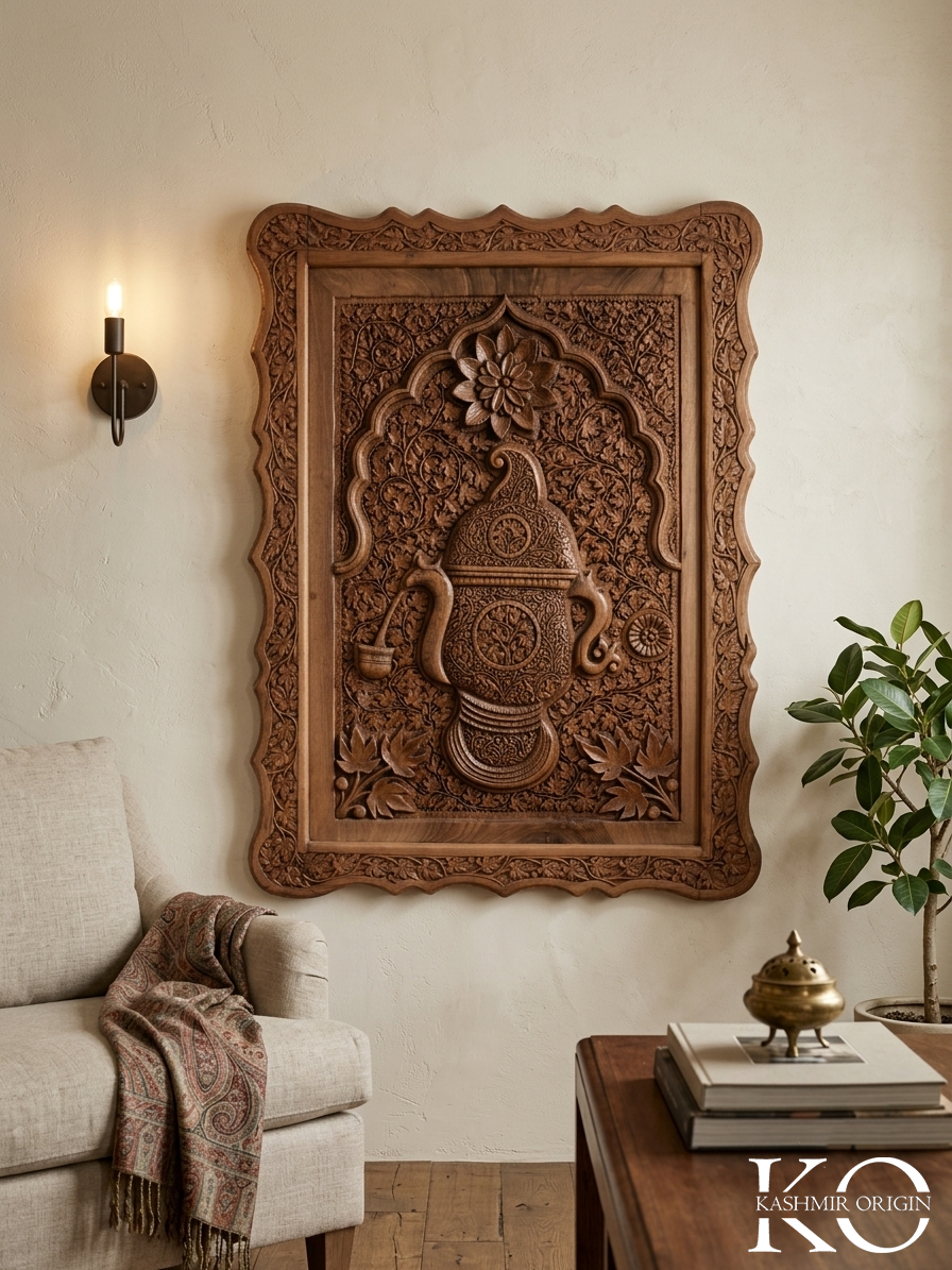 Kashmiri Samavar & Cup Design Hand Carved Walnut Wood Panel | Hand carved By Kashmiri Master Artisan