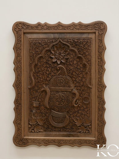 Kashmiri Samavar & Cup Design Hand Carved Walnut Wood Panel | Hand carved By Kashmiri Master Artisan