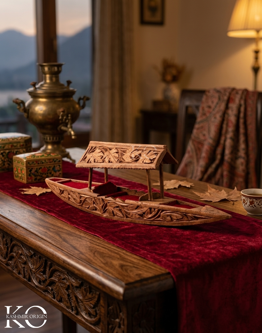 Kashmiri Walnut Wood Mini Shikara | Handcrafted Decorative Kashmiri Boat Showpiece