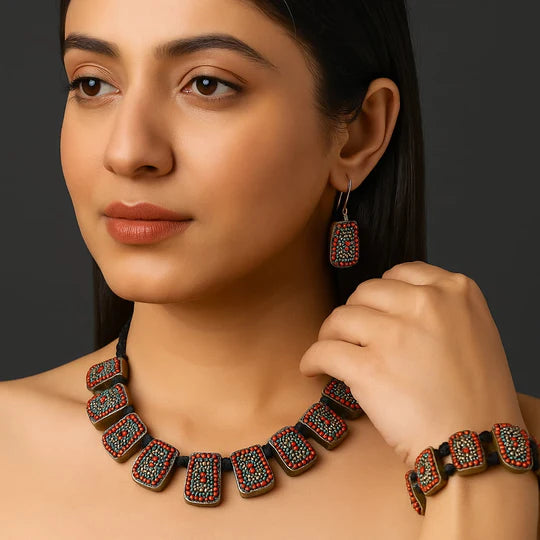 Red Stoned Handmade Necklace Set