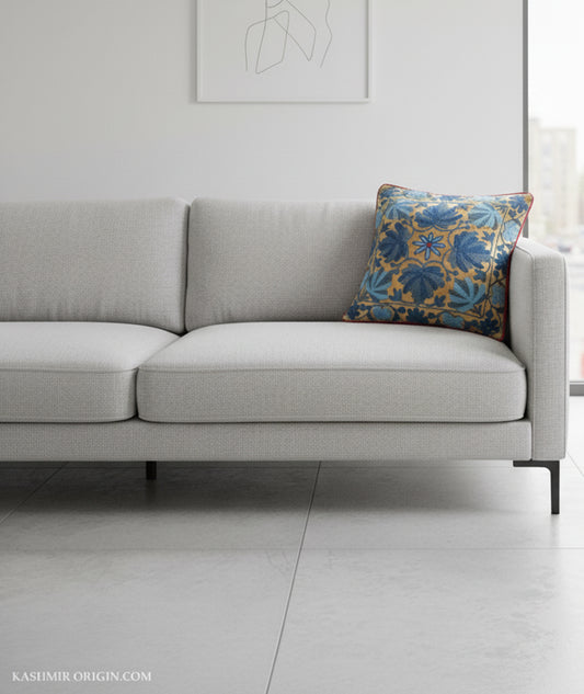 Golden Velvet Chinar Design Aari Embroidered Cushion Cover 6pc Set