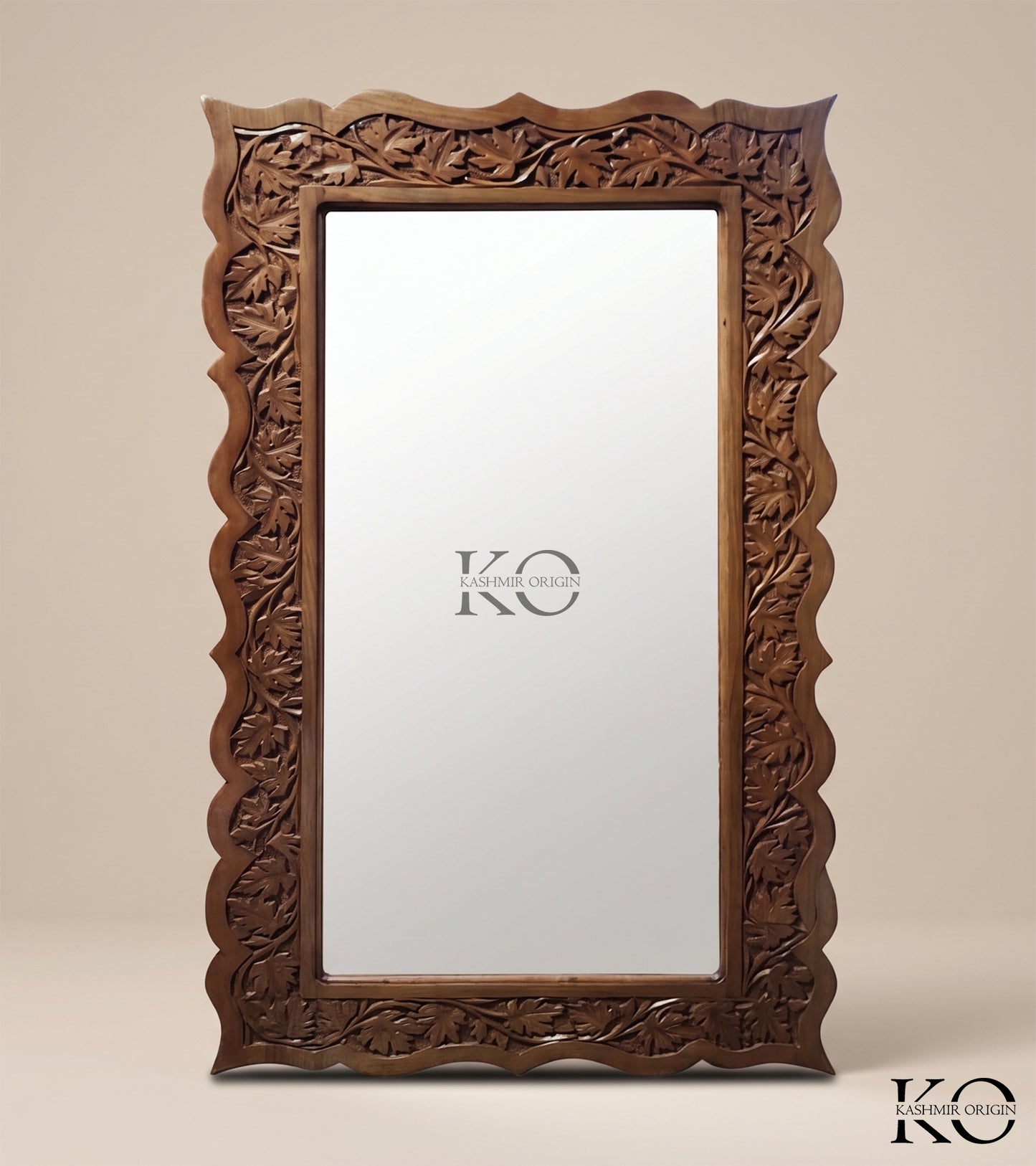 Kashmiri Hand Carved Walnut Wood  Wall Mirror Frame Solid Wood, | With Out Mirror | Chinar Design Rectangular| Made In Kashmir By Our Master Artisans | Size 16 x 43 Inches