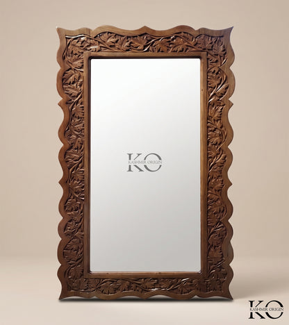 Kashmiri Hand Carved Walnut Wood  Wall Mirror Frame Solid Wood, | With Out Mirror | Chinar Design Rectangular| Made In Kashmir By Our Master Artisans | Size 16 x 43 Inches