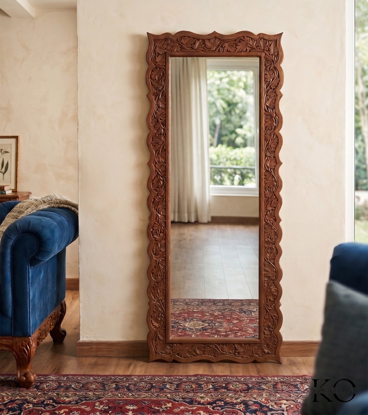 Kashmiri Hand Carved Walnut Wood  Wall Mirror Frame Solid Wood, | With Out Mirror | Chinar Design Rectangular| Made In Kashmir By Our Master Artisans | Size 16 x 43 Inches