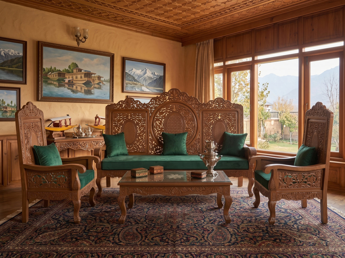 Kashmiri Hand Carved Walnut Wood Sofa Set 5 Seater | Made By Master Artisans | Price Starts From 1 lakhs