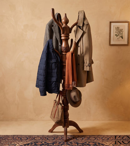Kashmiri Hand Carved Walnut Wood Coat Stand/Cloth Hanger for Home | Ideal for Coats, Hats, Bags & Scarves | Cloth Stand for Bedroom
