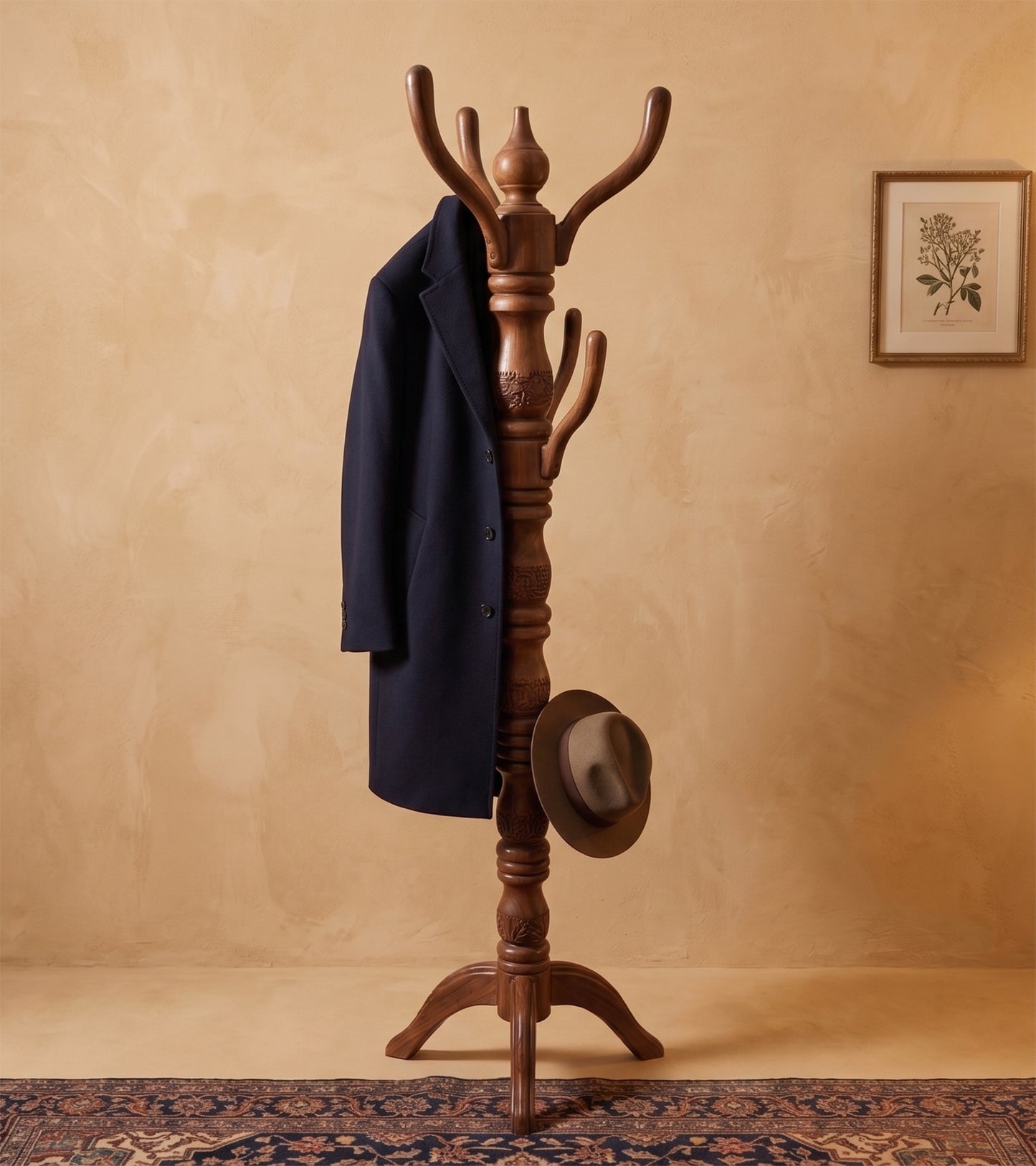 Kashmiri Hand Carved Walnut Wood Coat Stand/Cloth Hanger for Home | Ideal for Coats, Hats, Bags & Scarves | Cloth Stand for Bedroom
