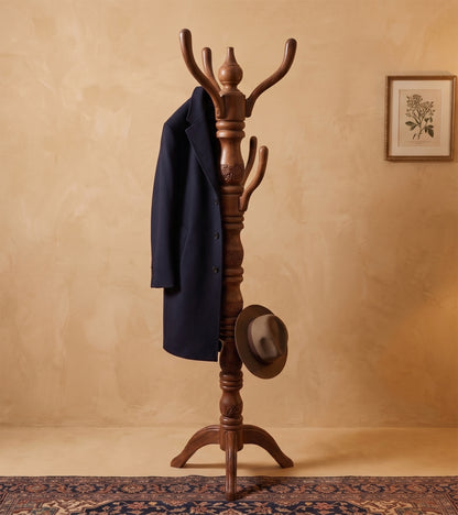 Kashmiri Hand Carved Walnut Wood Coat Stand/Cloth Hanger for Home | Ideal for Coats, Hats, Bags & Scarves | Cloth Stand for Bedroom