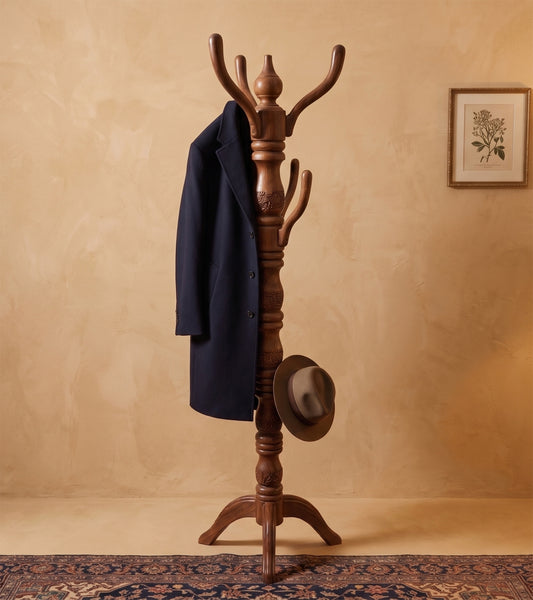 Kashmiri Hand Carved Walnut Wood Coat Stand/Cloth Hanger for Home | Ideal for Coats, Hats, Bags & Scarves | Cloth Stand for Bedroom
