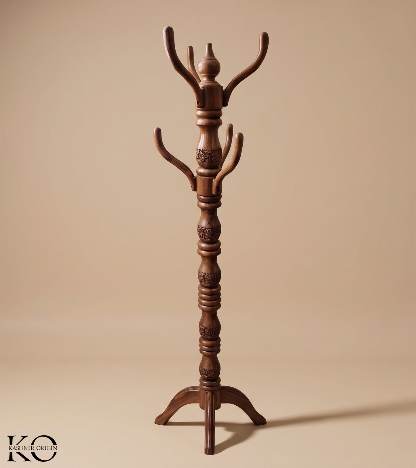 Kashmiri Hand Carved Walnut Wood Coat Stand/Cloth Hanger for Home | Ideal for Coats, Hats, Bags & Scarves | Cloth Stand for Bedroom