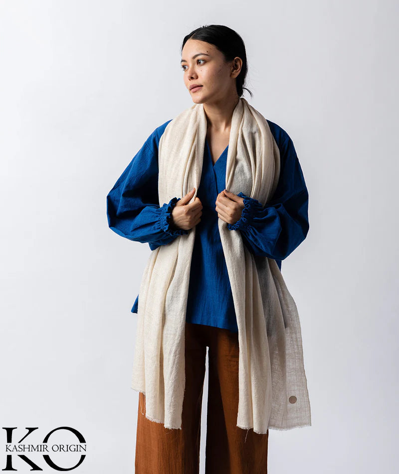 GI CERTIFIED PURE WHITE CASHMERE PASHMINA STOLE