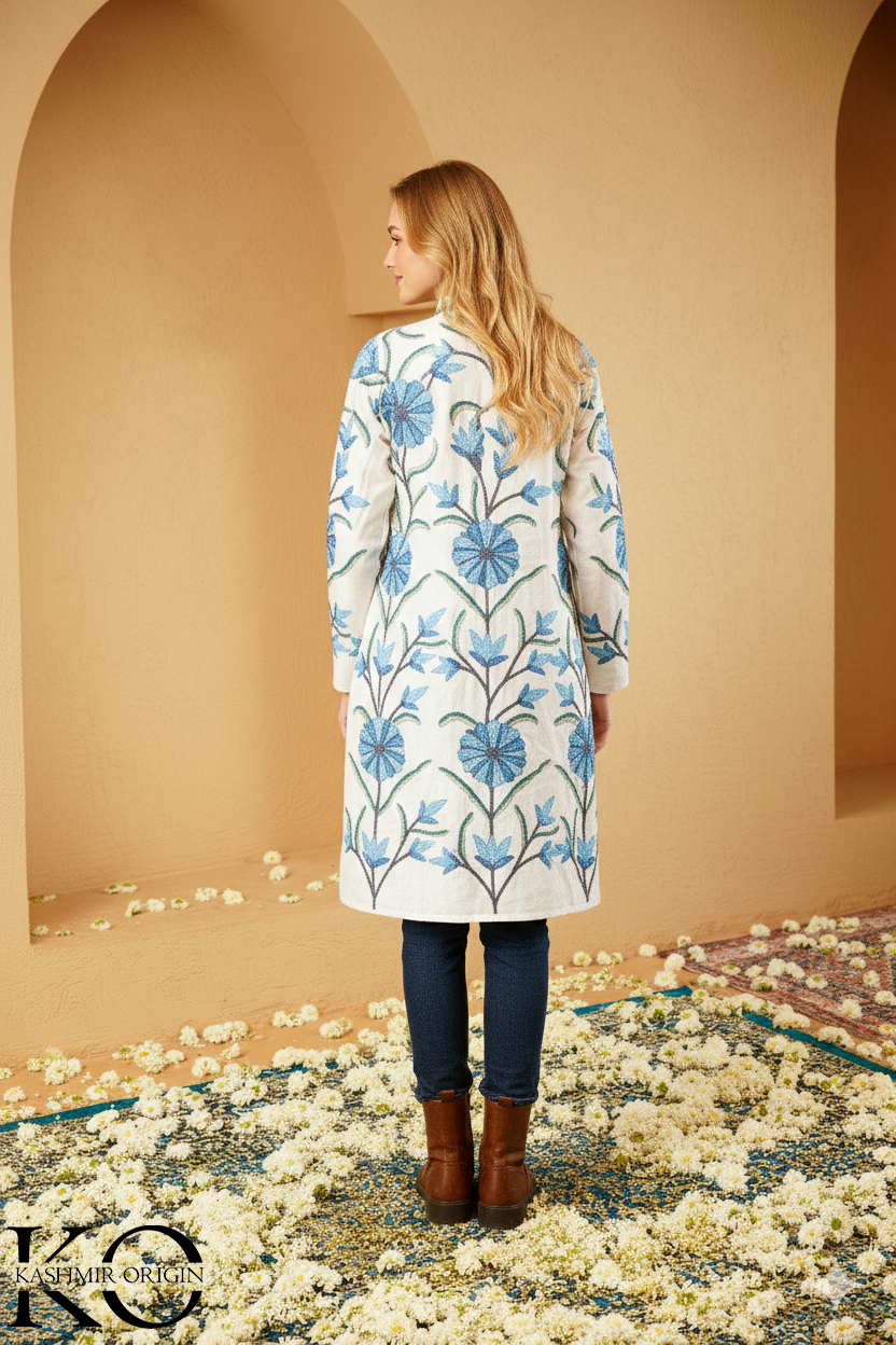 White With Blue Aari Embroidered Kashmiri Long Silk Jacket | Silk Jacket for women | Long Jackets | Made in kashmir