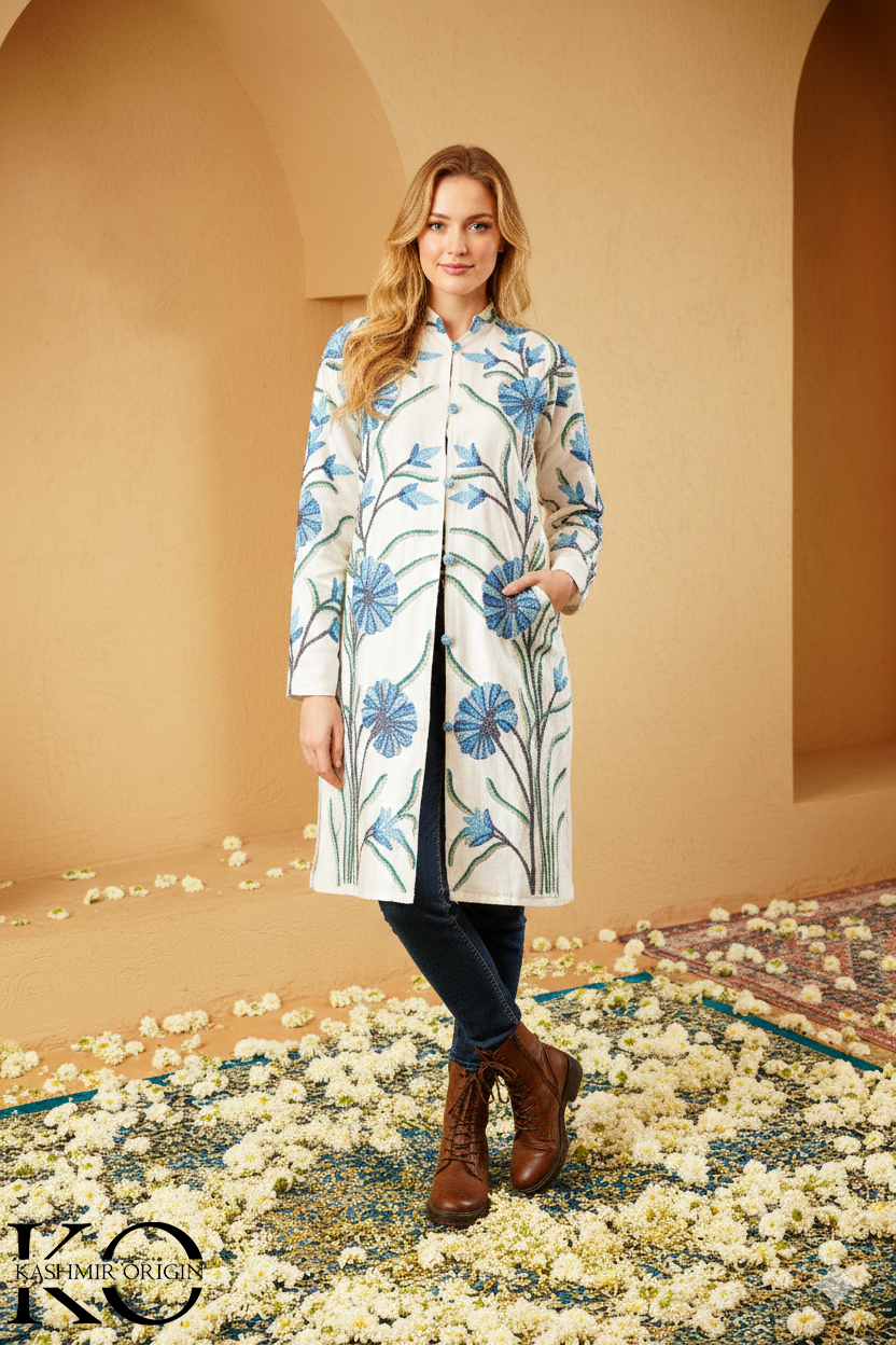 White With Blue Aari Embroidered Kashmiri Long Silk Jacket | Silk Jacket for women | Long Jackets | Made in kashmir